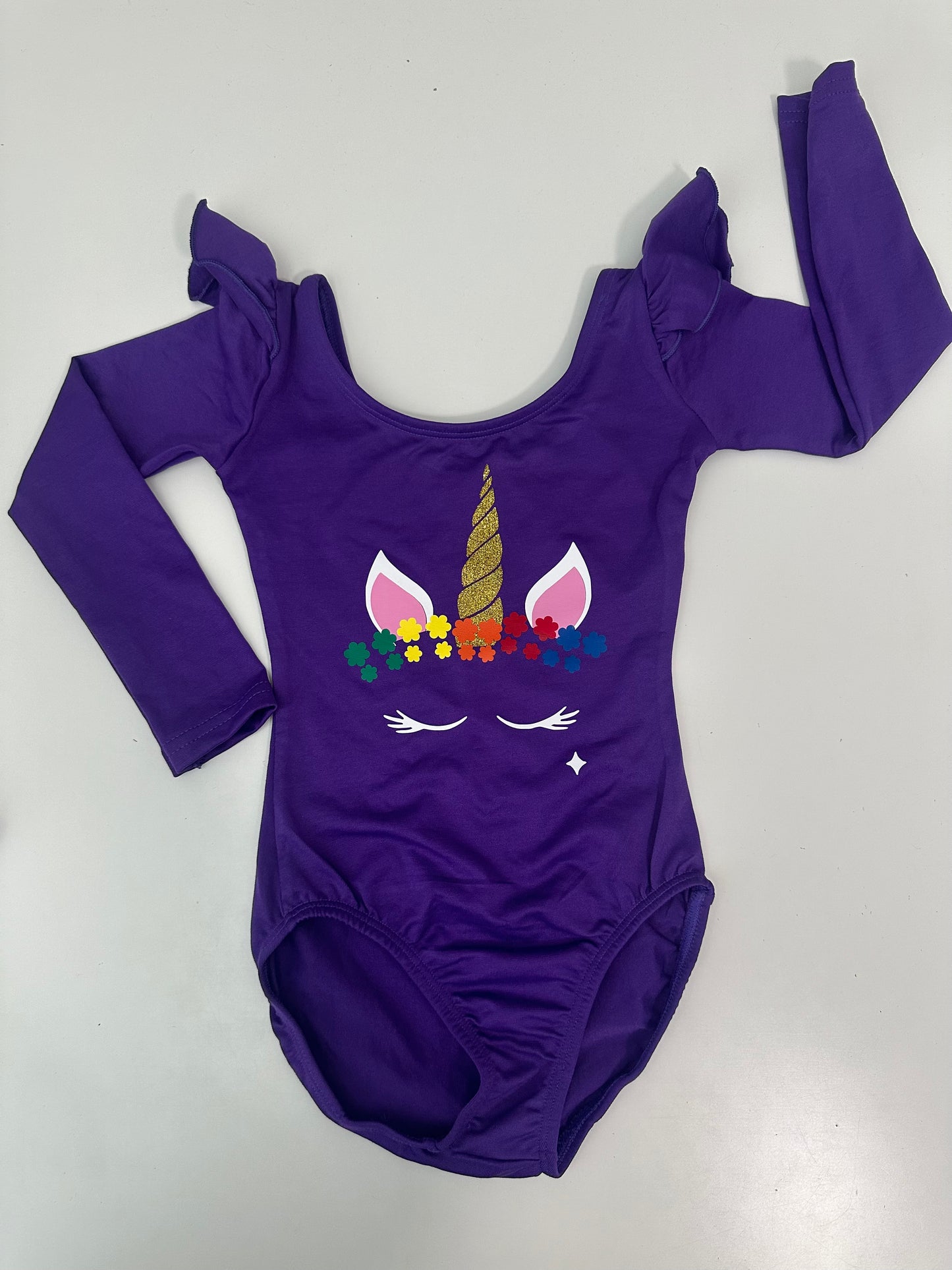 Unicorn Dreams with Rainbow Flower Crown Purple Flutter Long Sleeve Girls Leotard Size 4-5 | Ready to Ship by Daily Threads and Decor