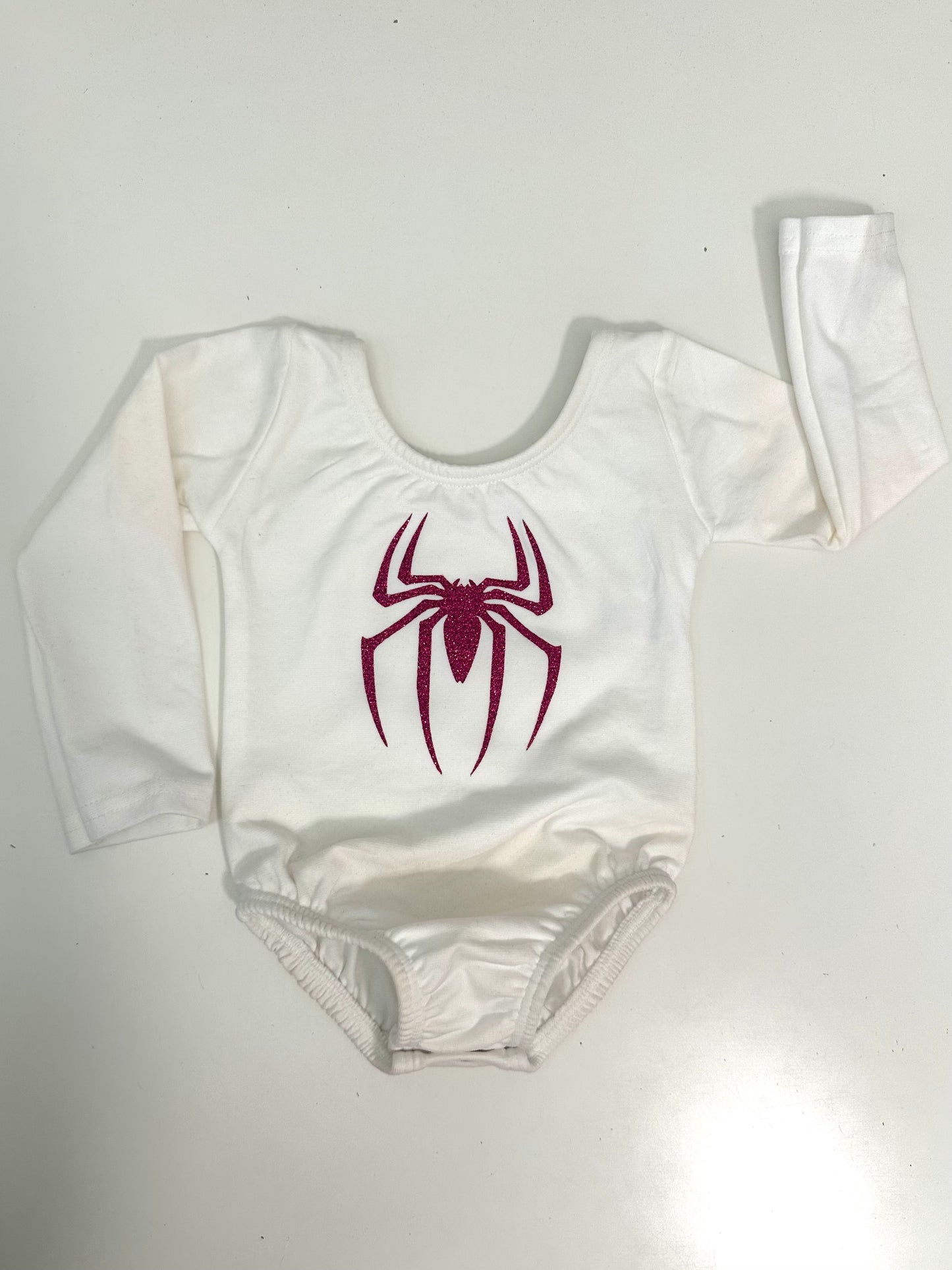 Hot Pink glitter Spider White Long Sleeve Girls Leotard with snaps Size 6-12 months | Ready to Ship by Daily Threads and Decor