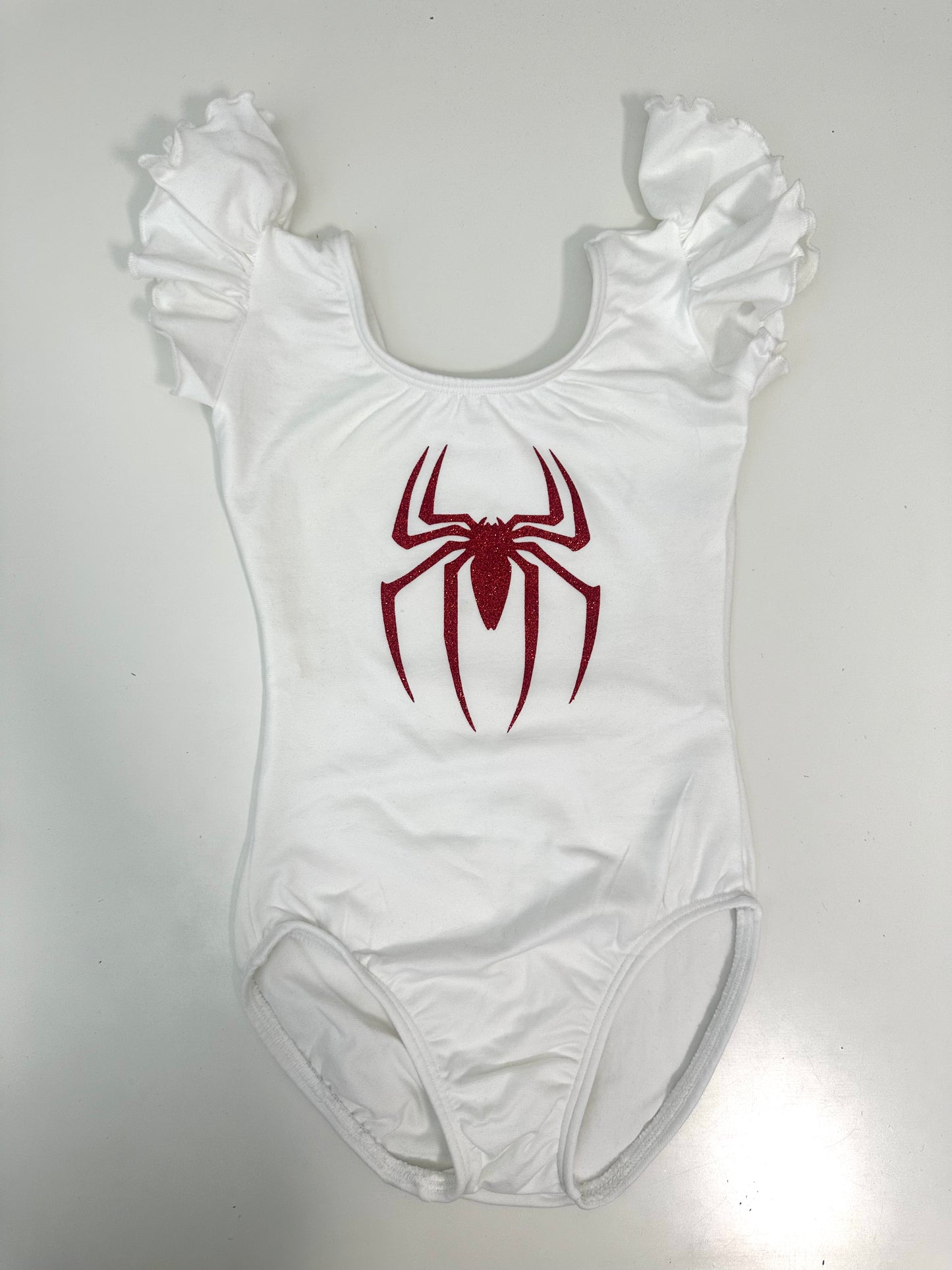 Red glitter Spider White Flutter Short Sleeve Girls Leotard Size 6-7 | Ready to Ship by Daily Threads and Decor