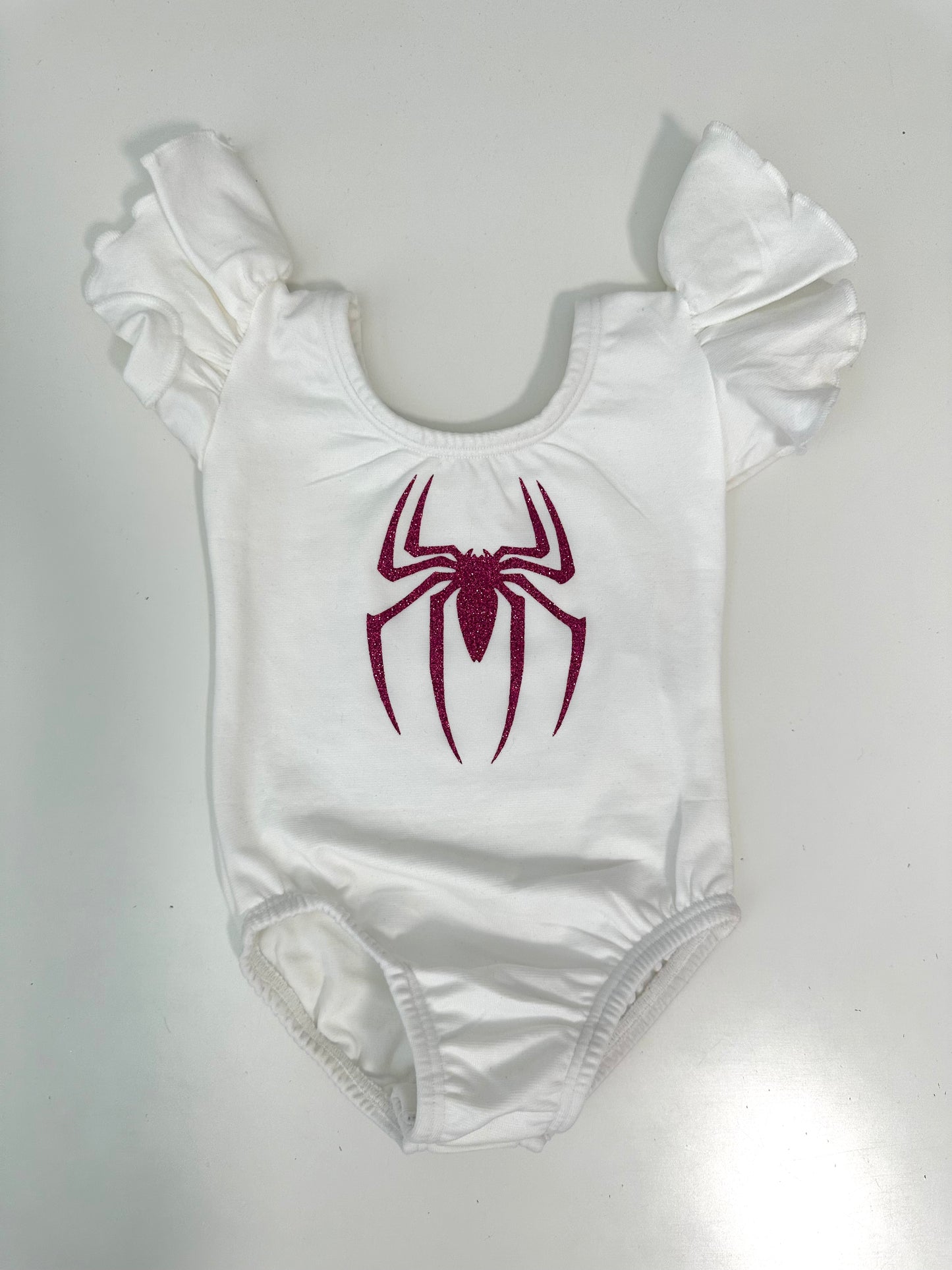 Hot Pink glitter Spider White Flutter Short Sleeve Girls Leotard with snaps Size 6-12 months | Ready to Ship by Daily Threads and Decor