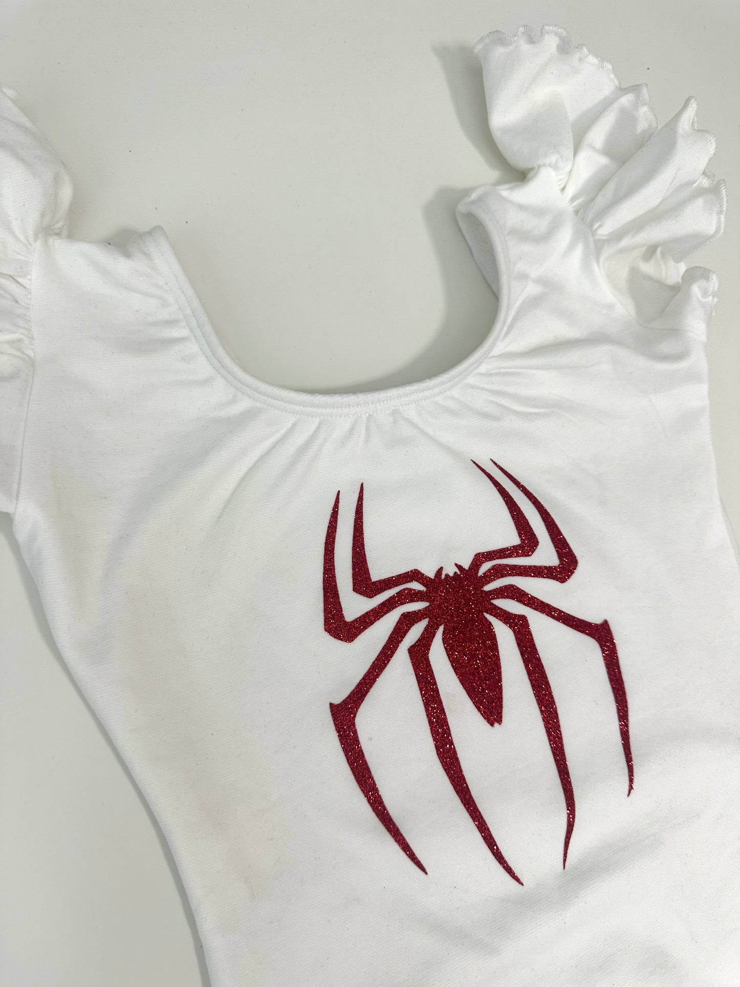 Red glitter Spider White Flutter Short Sleeve Girls Leotard Size 6-7 | Ready to Ship by Daily Threads and Decor