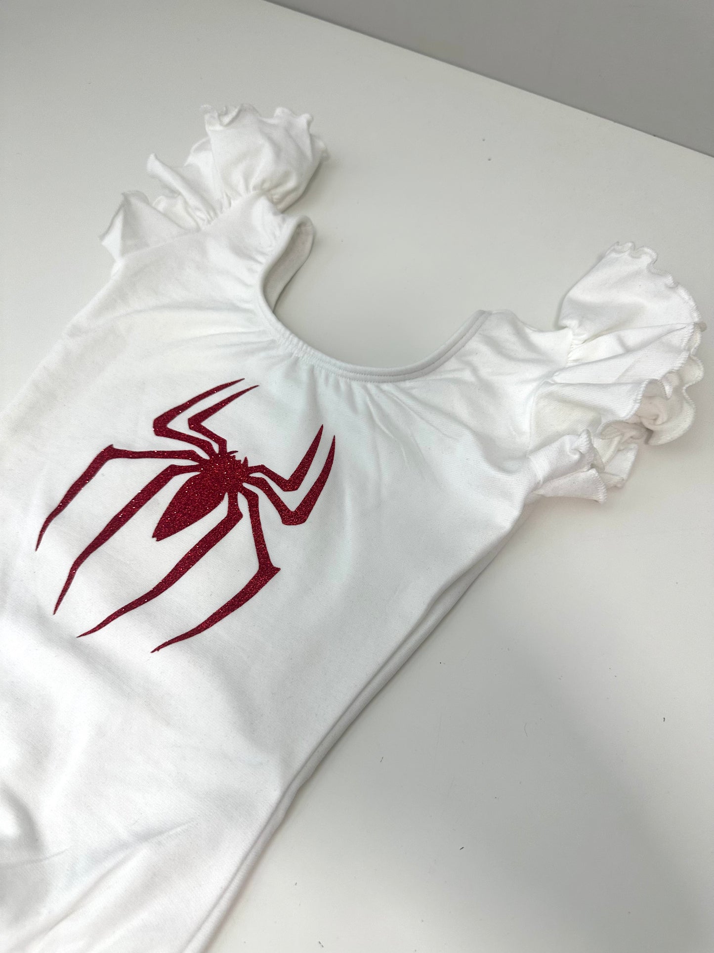 Red glitter Spider White Flutter Short Sleeve Girls Leotard Size 6-7 | Ready to Ship by Daily Threads and Decor