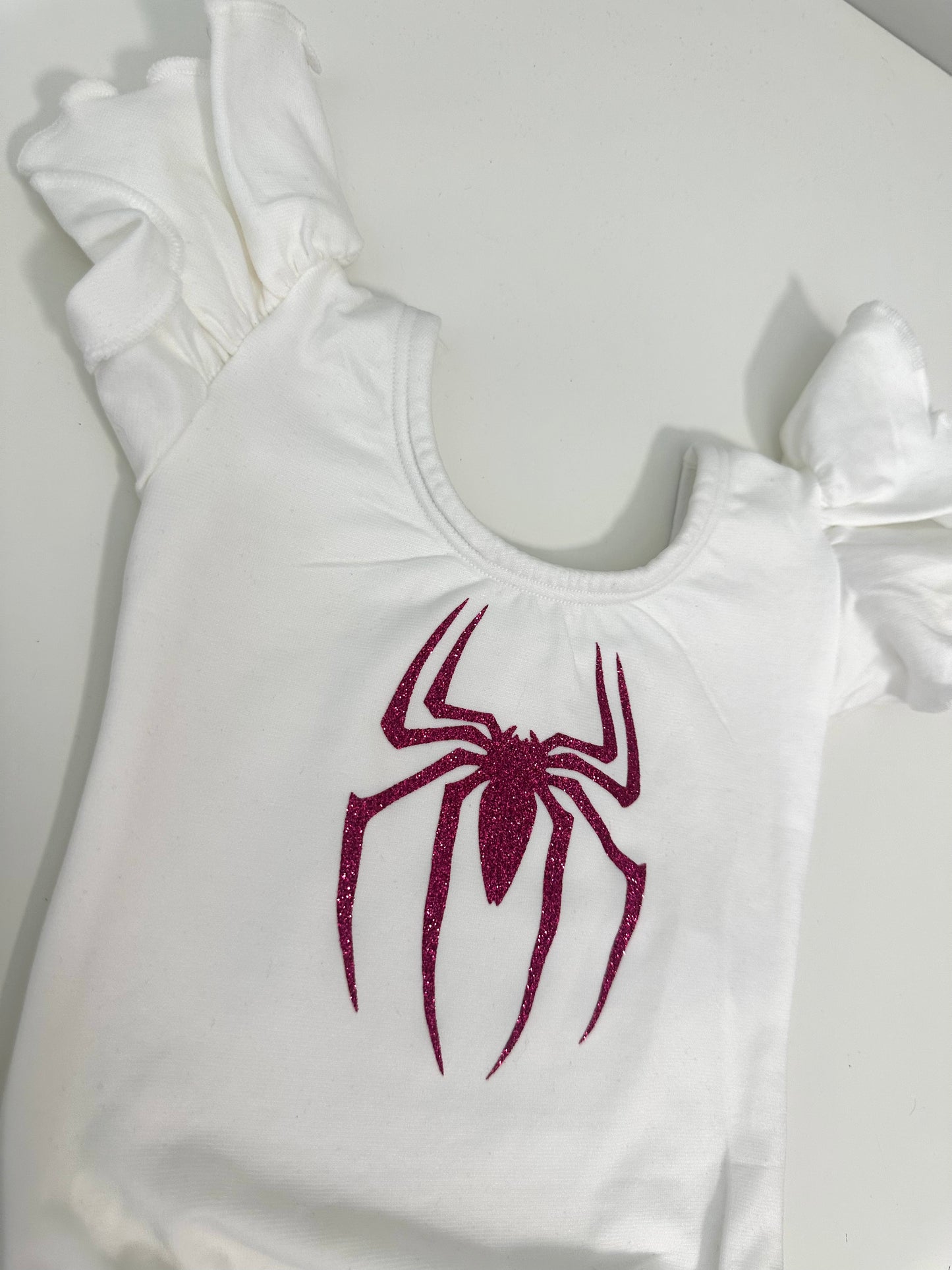 Hot Pink glitter Spider White Flutter Short Sleeve Girls Leotard with snaps Size 6-12 months | Ready to Ship by Daily Threads and Decor
