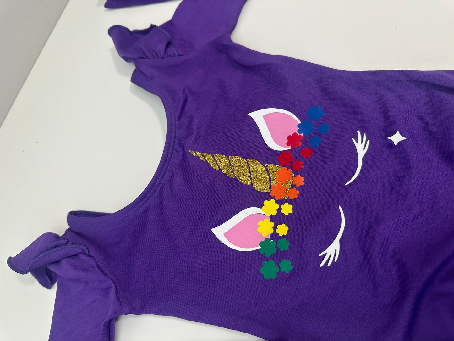 Unicorn Dreams with Rainbow Flower Crown Purple Flutter Long Sleeve Girls Leotard Size 4-5 | Ready to Ship by Daily Threads and Decor