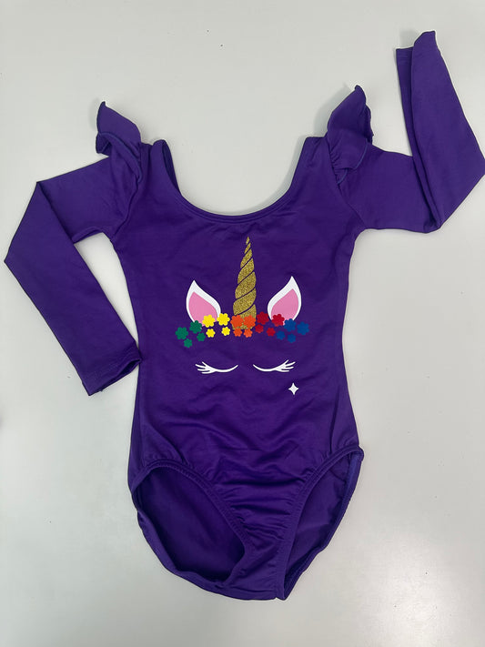 Unicorn Dreams with Rainbow Flower Crown Purple Flutter Long Sleeve Girls Leotard Size 4-5 | Ready to Ship by Daily Threads and Decor