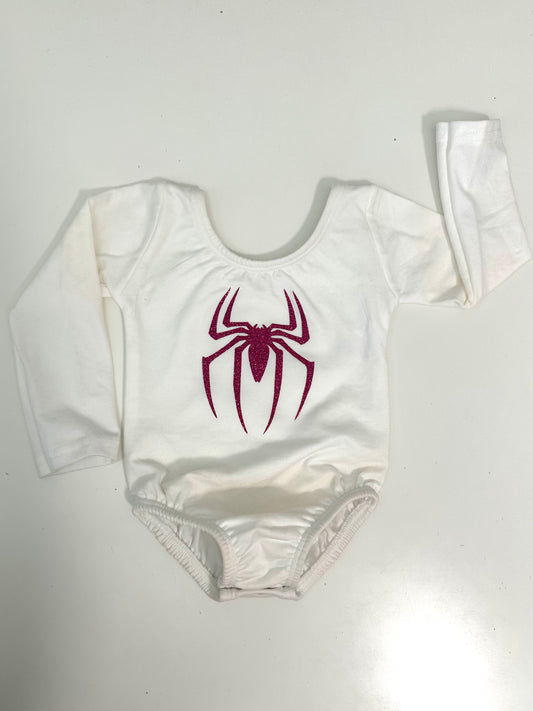 Hot Pink glitter Spider White Long Sleeve Girls Leotard with snaps Size 6-12 months | Ready to Ship by Daily Threads and Decor