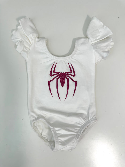 Hot Pink glitter Spider White Flutter Short Sleeve Girls Leotard with snaps Size 6-12 months | Ready to Ship by Daily Threads and Decor