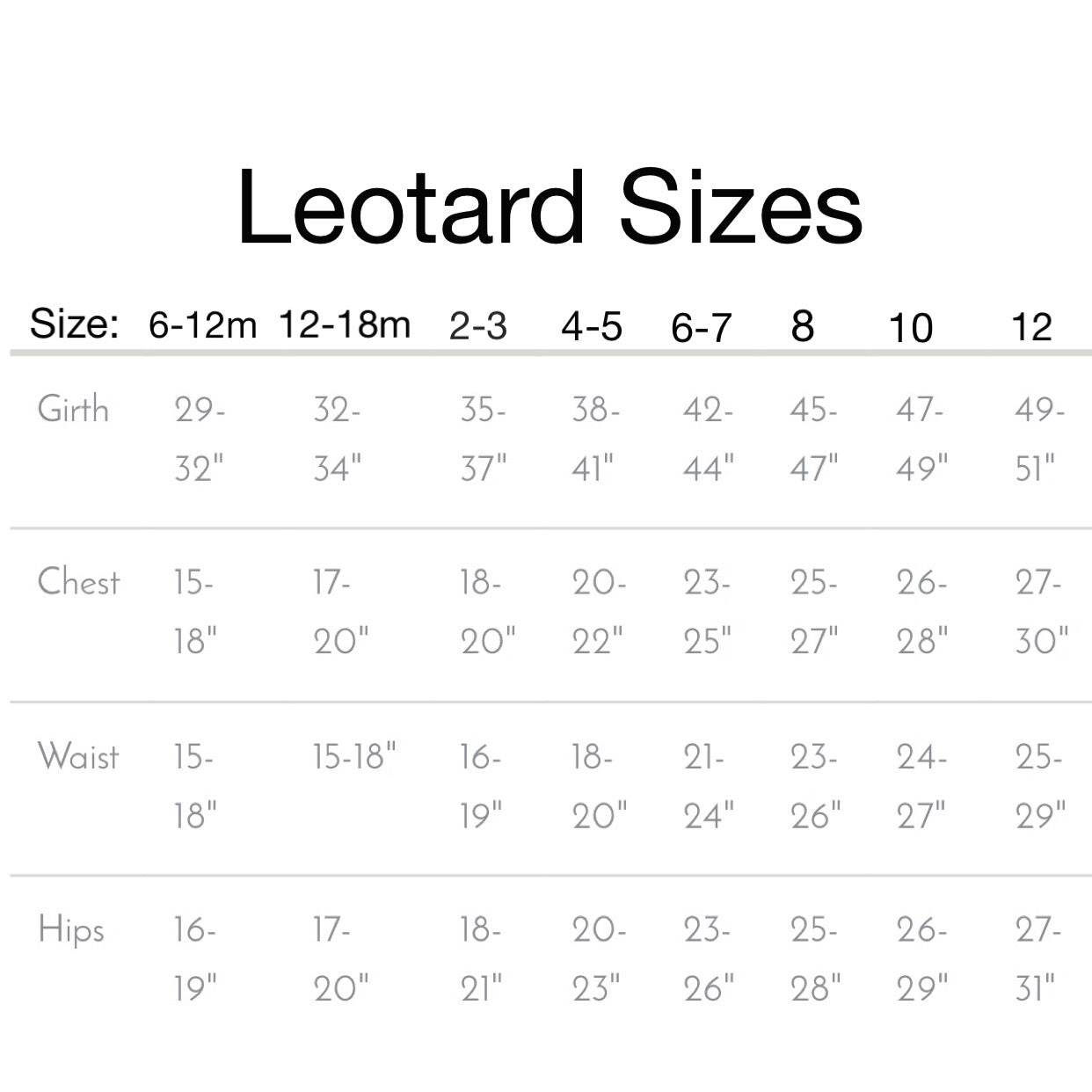 Leotard Size Chart